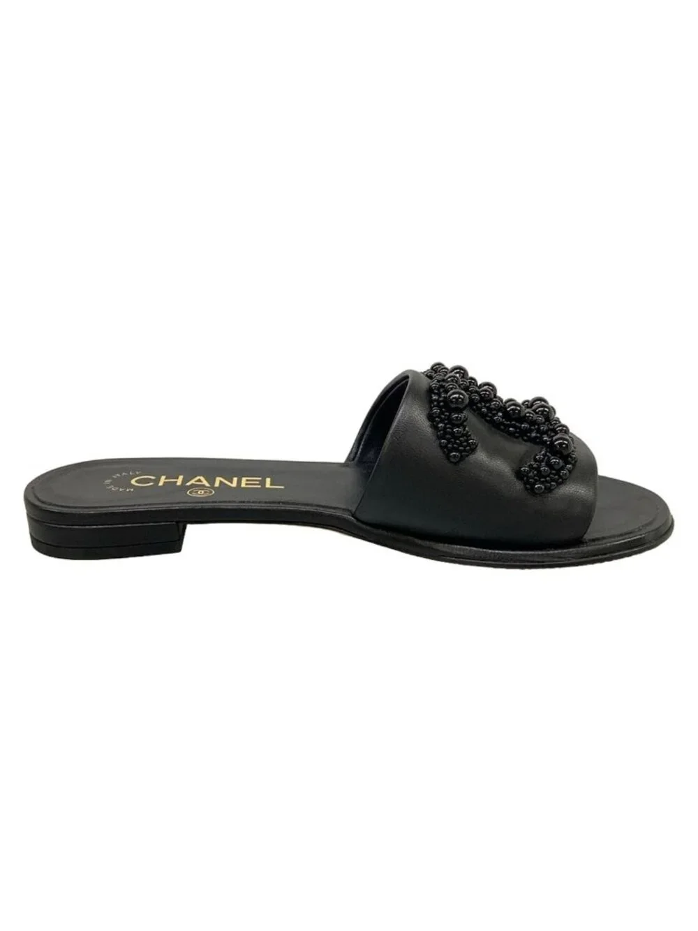 Chanel Sandals 35 C Black Beads CC Logo Open Toe Leather